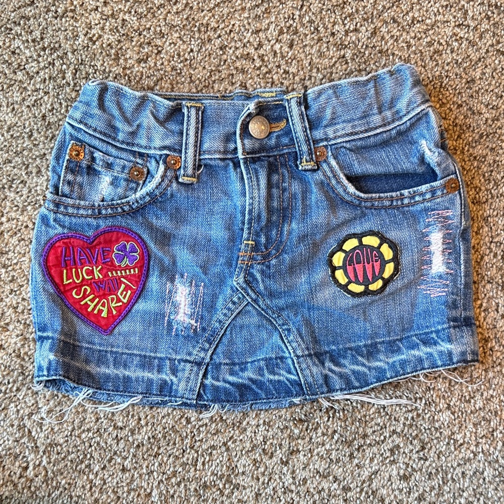Lucky Brand | Denim Skirt with Colorful Patches & Distressing